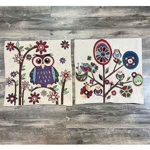 VTG Style Woven Owl Tapestry Pillow Covers Set Boho Folk Art Cottagecore Decor